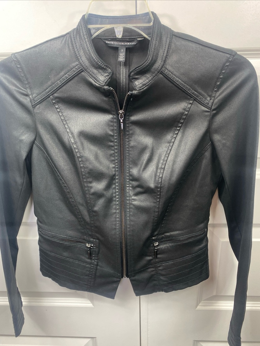 White House Black Market Women Black Biker Jacket Full Zip Motto Faux Leather 2